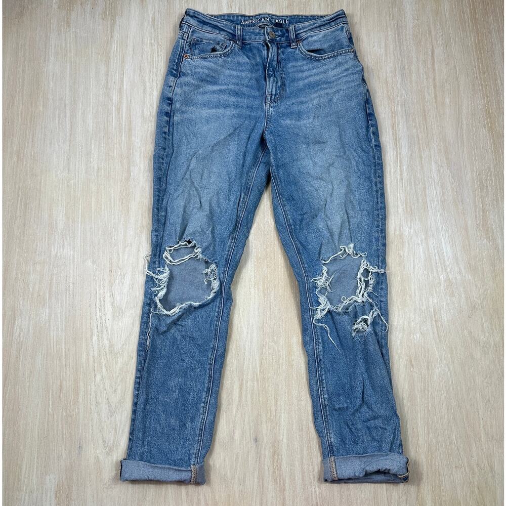 American Eagle Rigid Distressed Ripped Casual Blue Mom Jean Denim Jeans 6 LONG